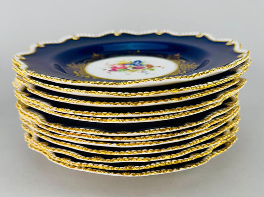 Fantastic Set 12 1903 Royal Worcester Cobalt Blue Handpainted Floral Plates