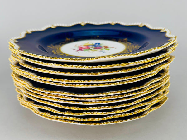 Fantastic Set 12 1903 Royal Worcester Cobalt Blue Handpainted Floral Plates