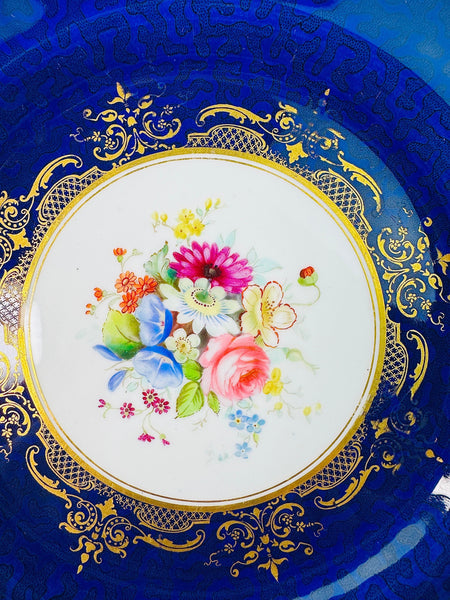Fantastic Set 12 1903 Royal Worcester Cobalt Blue Handpainted Floral Plates