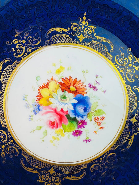 Fantastic Set 12 1903 Royal Worcester Cobalt Blue Handpainted Floral Plates