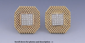 Great Pair Modern 14k Gold & Diamond Mesh Weave Checkerboard Earrings