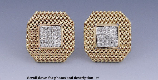 Great Pair Modern 14k Gold & Diamond Mesh Weave Checkerboard Earrings