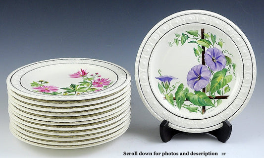12 pc Wedgwood Hand Painted English Flower Porcelain Plates by A.J. Birks