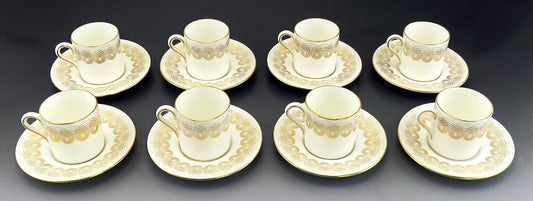16pc Wedgwood Persephone Gold Swirl Demitasse Tea/Coffee Cups & Saucers