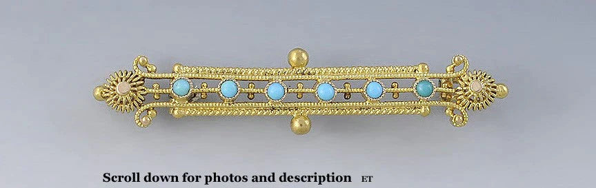 Antique Etruscan Revival 14k Yellow Gold Turquoise Stone Bar Pin Brooch