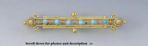 Antique Etruscan Revival 14k Yellow Gold Turquoise Stone Bar Pin Brooch