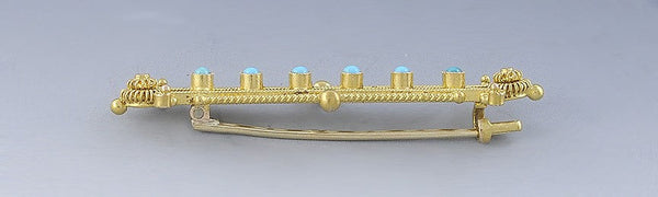 Antique Etruscan Revival 14k Yellow Gold Turquoise Stone Bar Pin Brooch