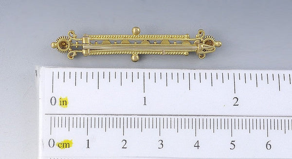 Antique Etruscan Revival 14k Yellow Gold Turquoise Stone Bar Pin Brooch