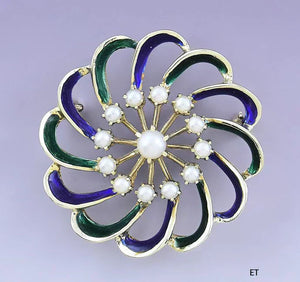 Lovely Retro 14k Gold Pearl Blue Green Enamel Pinwheel Pin / Brooch