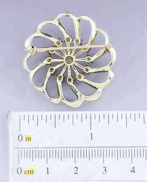 Lovely Retro 14k Gold Pearl Blue Green Enamel Pinwheel Pin / Brooch