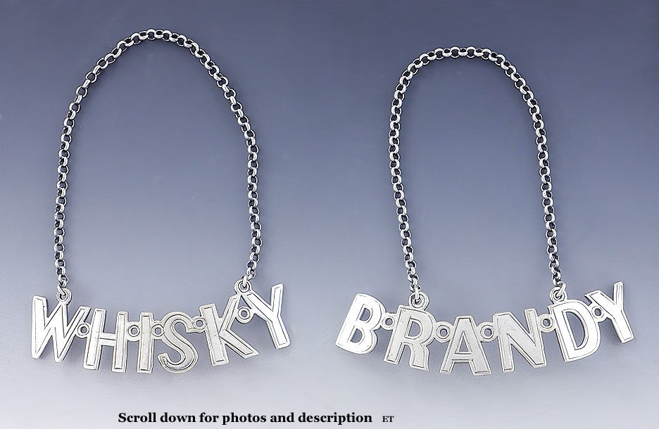 Great Pair Antique English Sterling Silver Liquor Labels Tickets Whisky Brandy