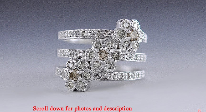 Floral Champagne & Light Green Diamond 14K White Gold Band Ring Size 7.25