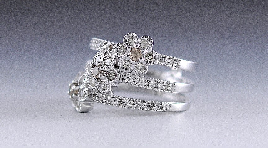 Floral Champagne & Light Green Diamond 14K White Gold Band Ring Size 7.25