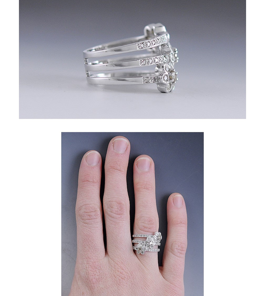 Floral Champagne & Light Green Diamond 14K White Gold Band Ring Size 7.25