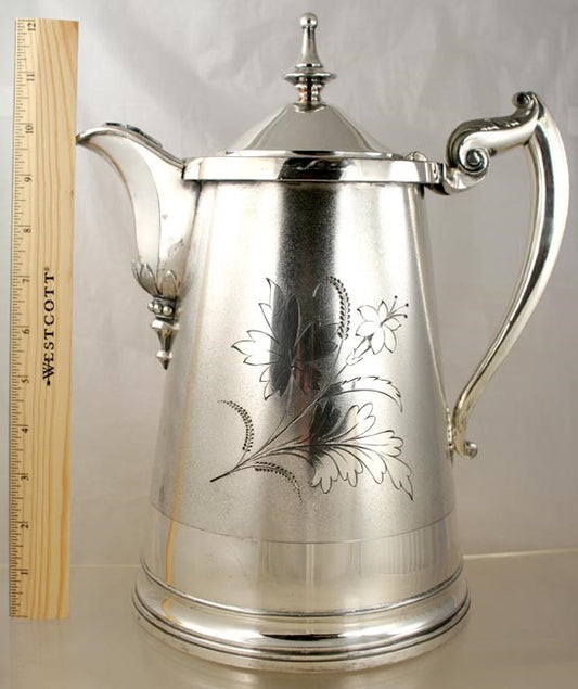 Antique Victorian Bright Cut Engraved Silver Plated Double Wall Ice Pitcher Jug