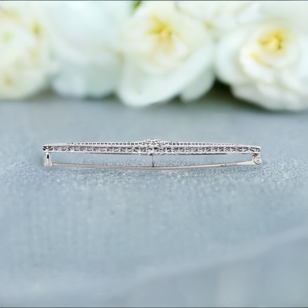 Dazzling c1920s Art Deco 14k White Gold Diamond Filigree Bar Pin Brooch