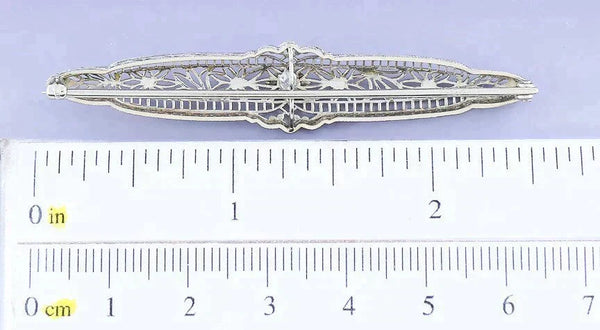 Dazzling c1920s Art Deco 14k White Gold Diamond Filigree Bar Pin Brooch