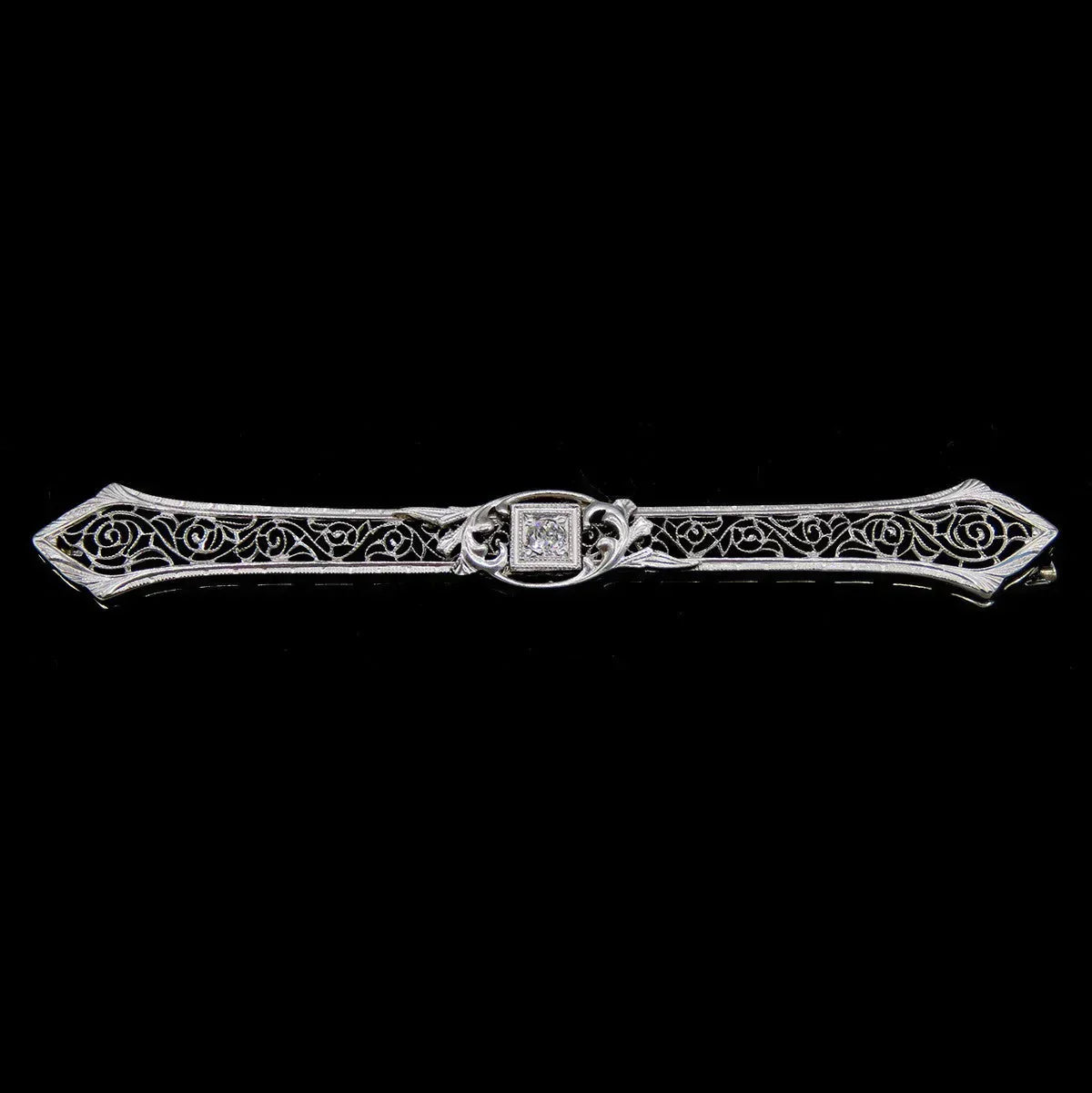 Antique Deco 10K White Gold Wire Filigree Diamond Bar Pin Brooch