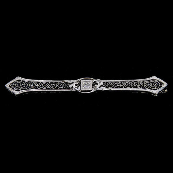 Antique Deco 10K White Gold Wire Filigree Diamond Bar Pin Brooch