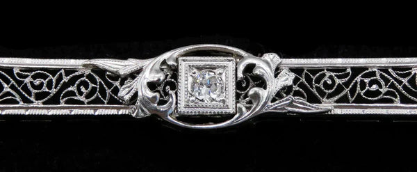 Antique Deco 10K White Gold Wire Filigree Diamond Bar Pin Brooch