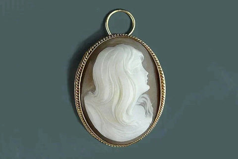 Stunning 14k Gold Carved Cameo Pendant Pin Portrait of Woman with Hair Down