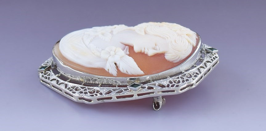 c1920s Gorgeous 14k White Gold Filigree Emerald Cameo Pin Brooch Pendant