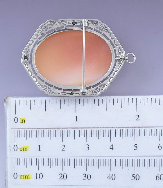 c1920s Gorgeous 14k White Gold Filigree Emerald Cameo Pin Brooch Pendant