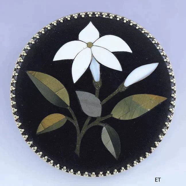 c1860s Lovely Italian 14k Gold Floral Pietra Dura Pin / Brooch