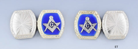 Handsome Pair 10k White Gold & Blue Enamel Masonic Freemason Cufflinks