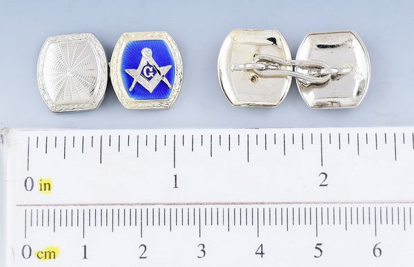 Handsome Pair 10k White Gold & Blue Enamel Masonic Freemason Cufflinks