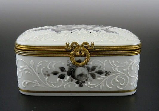 Elegant French Porcelain Black and White Musical Instrument Motif Trinket Box