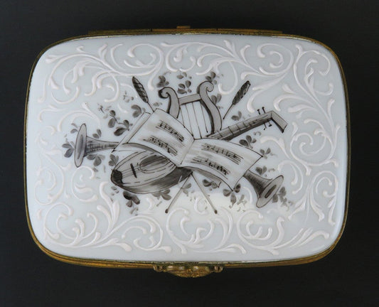 Elegant French Porcelain Black and White Musical Instrument Motif Trinket Box