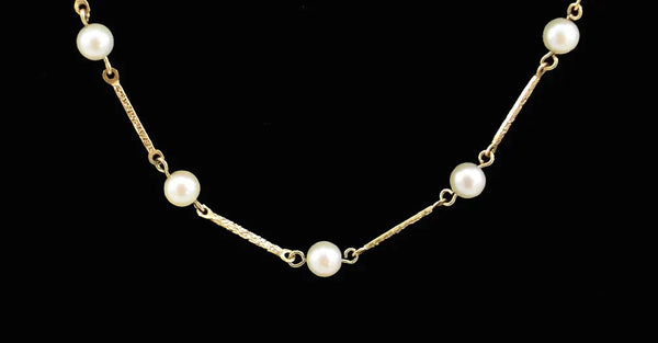 Nice 18k Yellow Gold and Pearl Necklace w/ Textured Links 28 Inches