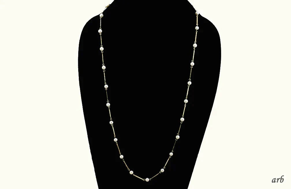 Nice 18k Yellow Gold and Pearl Necklace w/ Textured Links 28 Inches