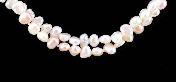 Double Stranded Necklace of Peach-Pink Real Pearls and 14k Yellow Gold Clasp