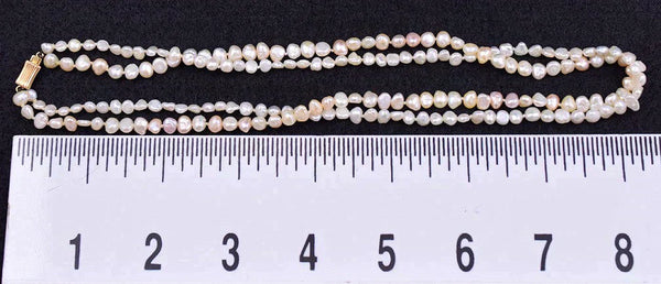 Double Stranded Necklace of Peach-Pink Real Pearls and 14k Yellow Gold Clasp