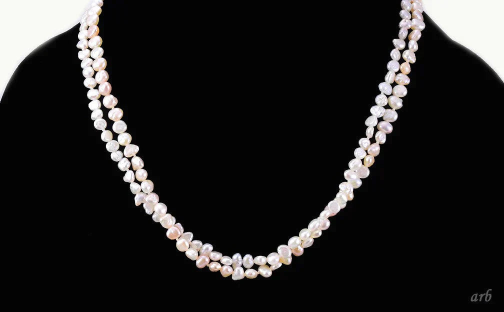 Double Stranded Necklace of Peach-Pink Real Pearls and 14k Yellow Gold Clasp