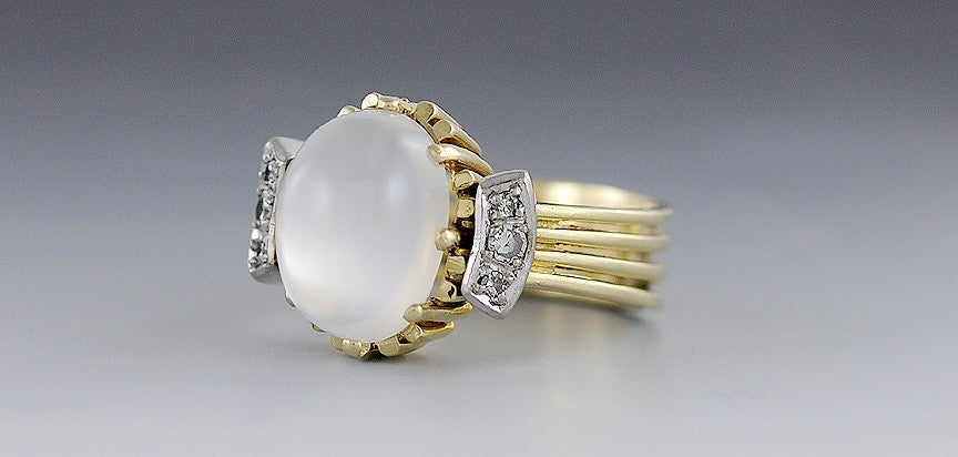 Beautiful Victorian 18K Yellow & White Gold Moonstone Ring w/ Diamonds