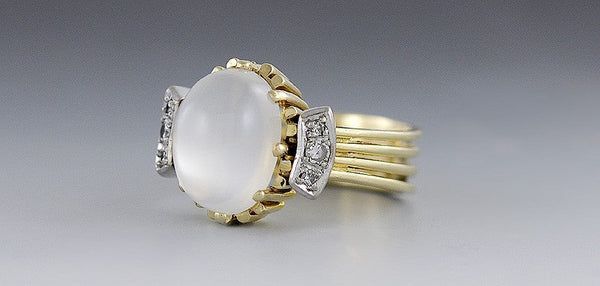 Beautiful Victorian 18K Yellow & White Gold Moonstone Ring w/ Diamonds