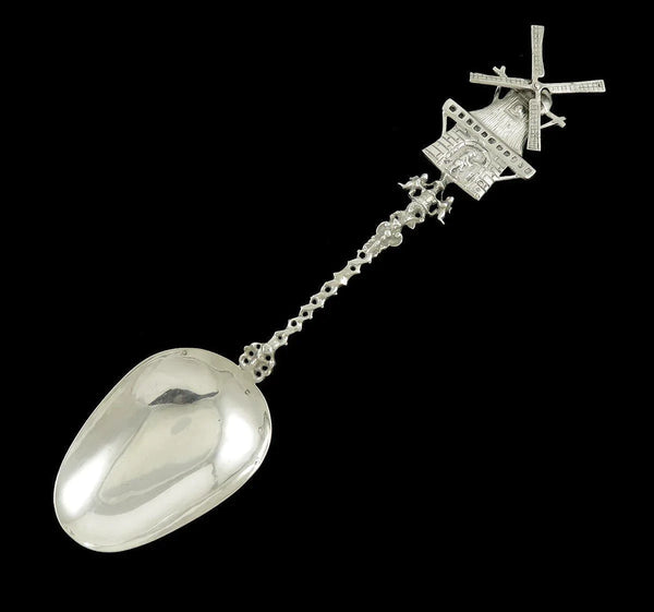 Huge Antique Dutch Silver Rotating Windmill Pelican Crest Serving Platter Spoon
