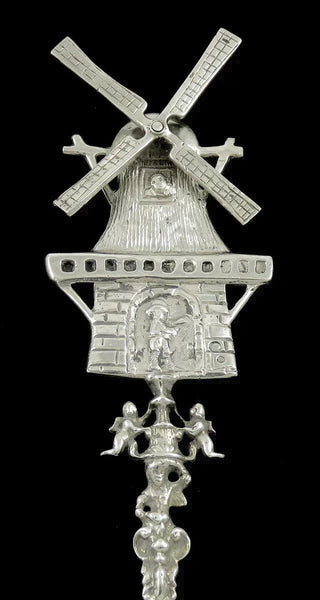 Huge Antique Dutch Silver Rotating Windmill Pelican Crest Serving Platter Spoon