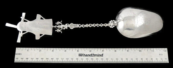 Huge Antique Dutch Silver Rotating Windmill Pelican Crest Serving Platter Spoon