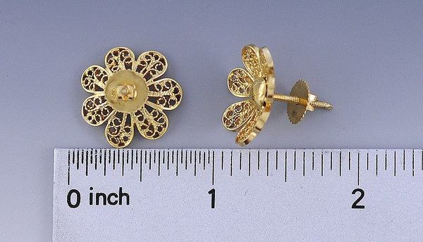 Middle Eastern 18K Gold Wire Filigree Flower Form Earrings