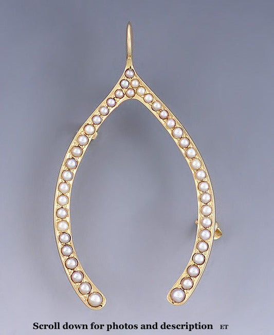 c1900 Charming 14k Gold Natural Seed Pearl Wishbone Brooch/Pin
