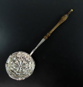 1875 Great Swedish Silver Sugar Sifter or Tea Strainer Wooden Handle 9 3/8"