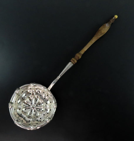 1875 Great Swedish Silver Sugar Sifter or Tea Strainer Wooden Handle 9 3/8"