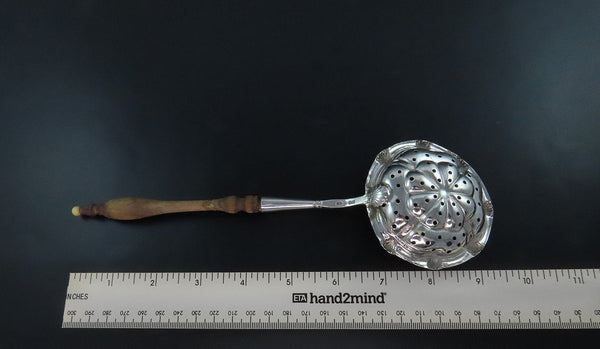 1875 Great Swedish Silver Sugar Sifter or Tea Strainer Wooden Handle 9 3/8"