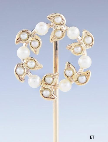 Charming late 1800s/early 1900s 14k Gold Natural Seed Pearl Wreath Stickpin