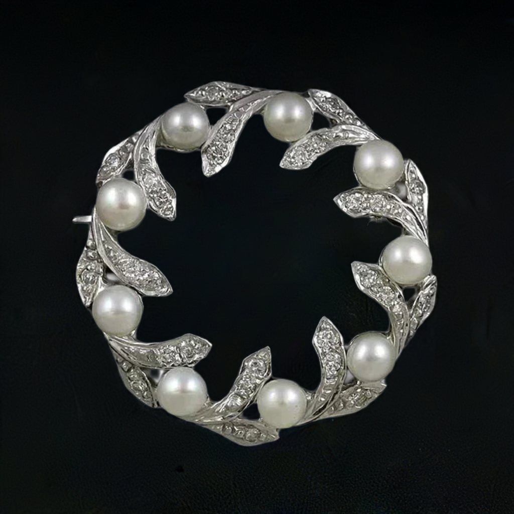 Nice Vintage 14k White Gold Diamond Pearl Wreath Pin Brooch