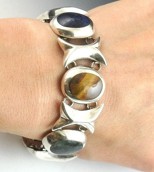 Sterling Silver Agate/Tigers Eye Link Bracelet from Mexico